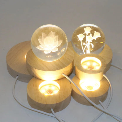5-8cm Solid Wood LED USB Lamp Holder Display Base Night Light Luminous Bottle Coasters Crystal Ball Glass Ornament Stand Decor