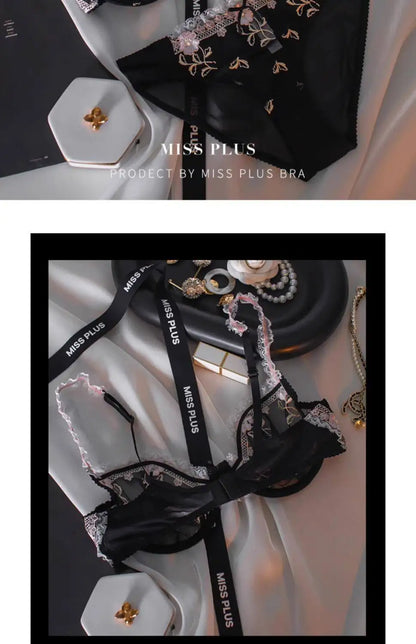 French Embroidered Lace Sheer Bra Set Women, Thin No Sponge Cups, Anti-Slip Support, Large Breasts Small Soft Comfort Wear S-xl