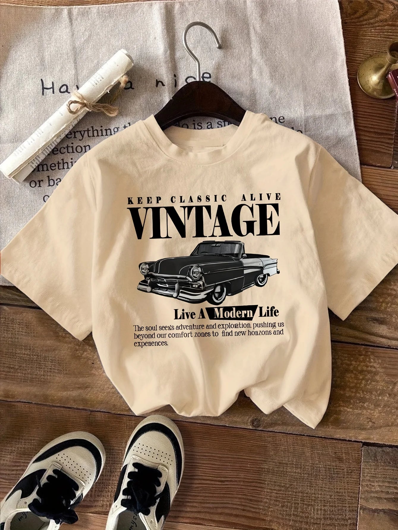 Vintage Car Print T-Shirt Medium Stretch Knit Fabric Casual Sports Style Spring/Summer Top  y2k top  women clothing