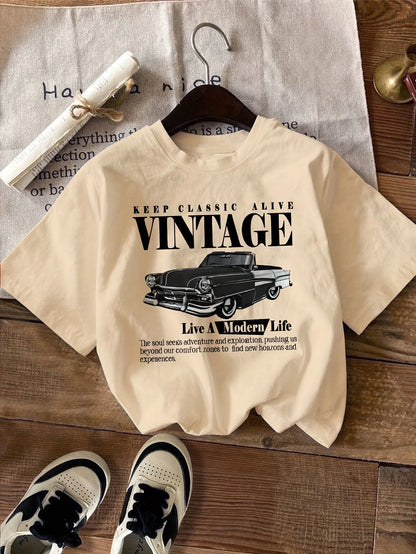 Vintage Car Print T-Shirt Medium Stretch Knit Fabric Casual Sports Style Spring/Summer Top  y2k top  women clothing