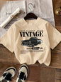 Vintage Car Print T-Shirt Medium Stretch Knit Fabric Casual Sports Style Spring/Summer Top  y2k top  women clothing