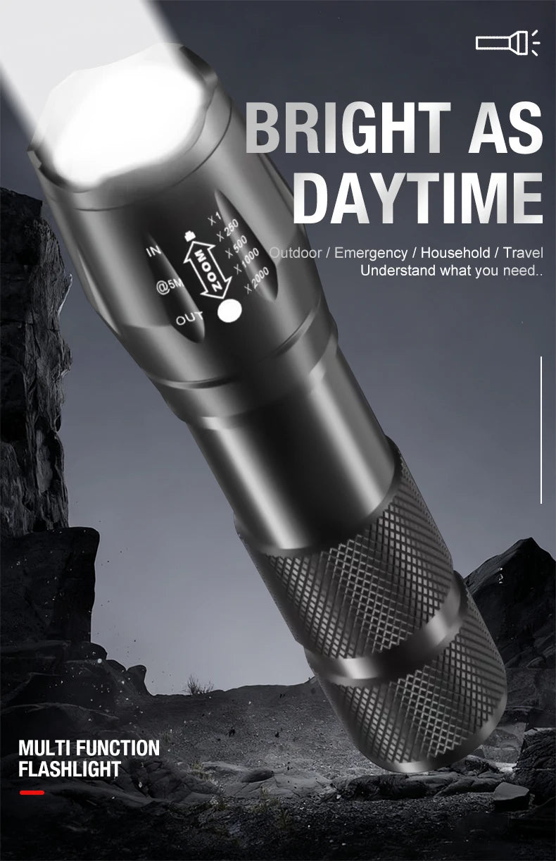 T6 Strong Light Flashlight LED Aluminum Alloy Telescopic Zoom Battery Version Charging Outdoor Searchlight Remote Flashlight