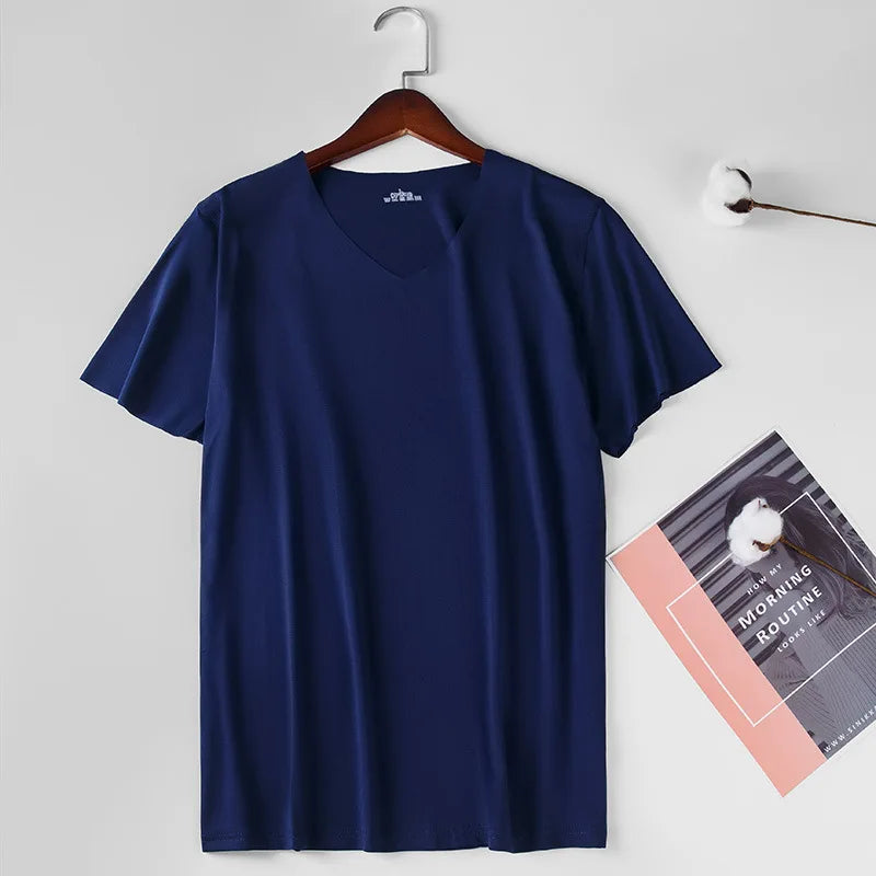 1pcs Men T-shirts Ice Silk Traceless Slim T Shirt For Man Seamless Casual V-neck Short Sleeve Tee Male Summer Thin Clothing Tops