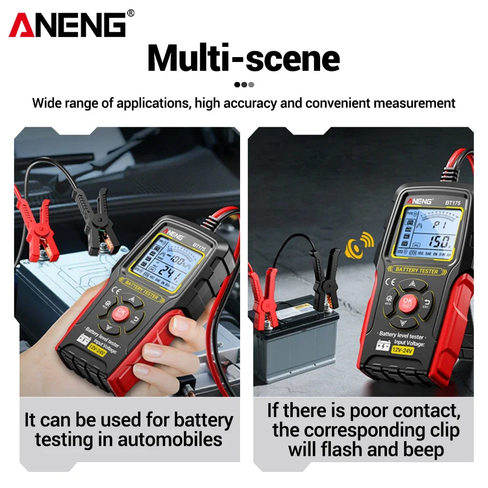 12V 24V Digital Car Battery Tester Alternator Automotive Analyzer Display Screen ANENG BT175 With Insulated Alligator Clip Tools