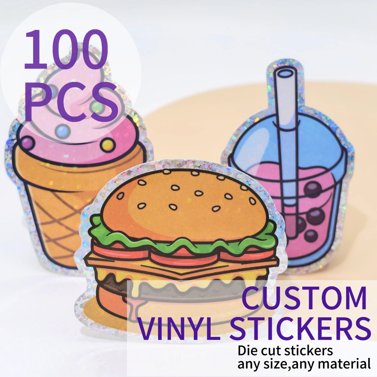100pcs Custom Stickers PVC Waterproof Glitter Stickers Die Cut Vinyl Personalized Logo Design