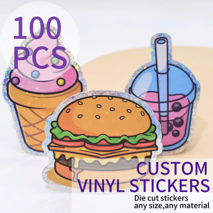 100pcs Custom Stickers PVC Waterproof Glitter Stickers Die Cut Vinyl Personalized Logo Design