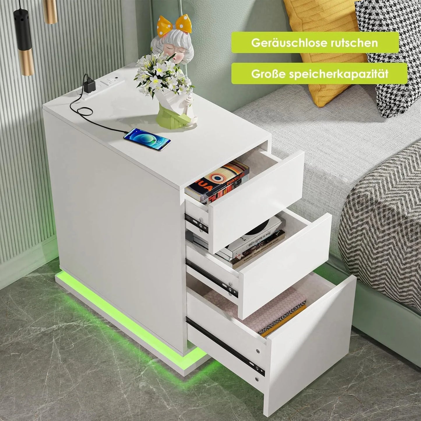 Drawer Cabinet LED Modern Nightstand Bedside Table with LED Lighting 3 Drawers USB Charging Function Narrow Sofa Table Furniture
