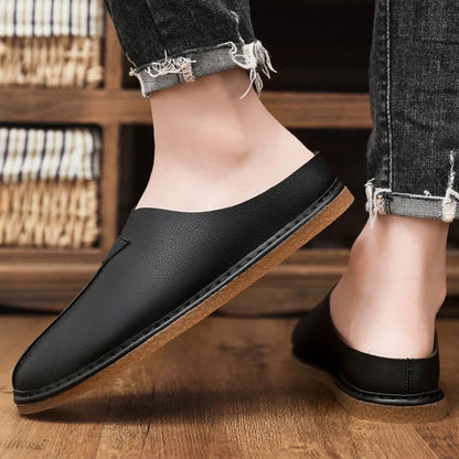 Fashion Leather Men Casual Shoes Slip on Man Loafers Breathable Soft Half Slippers Summer Flats Lightweight Lazy Driving Shoes