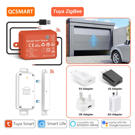 QCSMART ZigBee Garage Door Wireless Waterproof Sensor Opener Controller Control Smart Life Works with Google Assistant Alexa