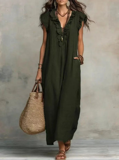 2026 Summer Women Boho Cotton Linen Maxi Dress Solid Color Ruffle V Neck Sleeveless Loose Long Dresses With Pockets Casual Beach