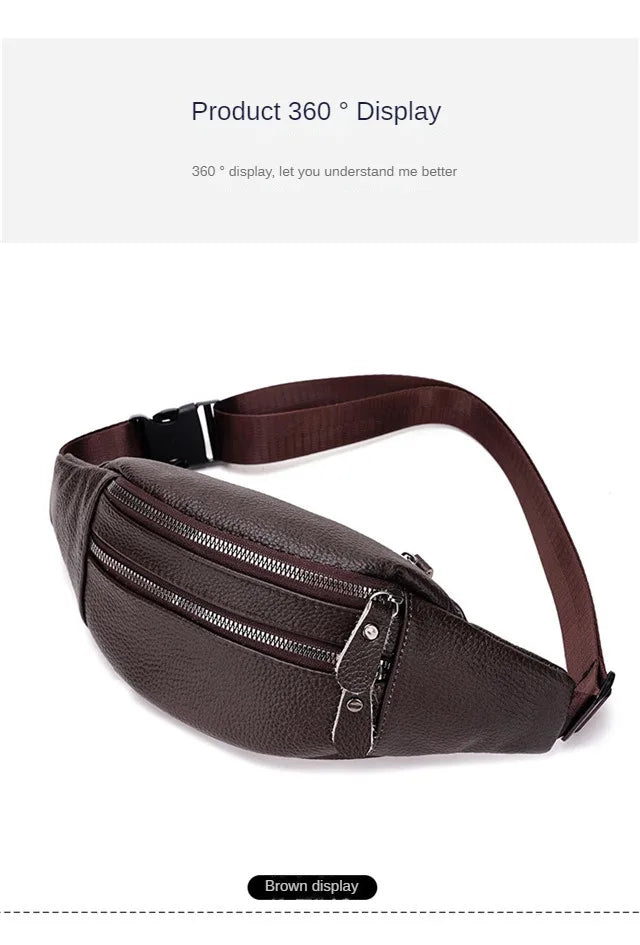 Men's Genuine Leather Chest Bag Double Zipper Cowhide Fanny Pack Casual Crossbody Sling Bag for Daily Commute & Travel