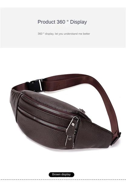 Men's Genuine Leather Chest Bag Double Zipper Cowhide Fanny Pack Casual Crossbody Sling Bag for Daily Commute & Travel