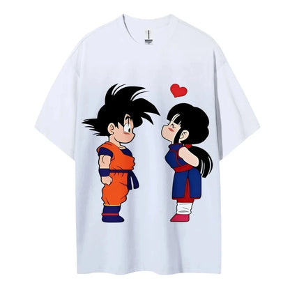 2026 Summer Dragon Ball Goku & Chichi Cute Couple Print Oversized Crew Neck T-Shirt 100% Cotton Casual Tops for Men Women Kids