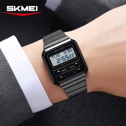 SKMEI 2448 Fashion Men Electronic Watch Vintage Business Luminous Calendar Waterproof Steel Strap Casual Digital Watches for Man