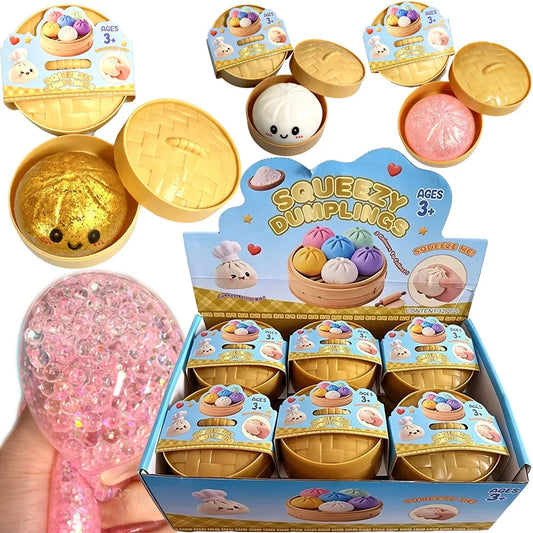 Colorful Dumpling Squishes Stress Balls Fidget Sensory Toys Simulation Food Squishies Bun with Steamer Squeeze Dough Ball Gifts