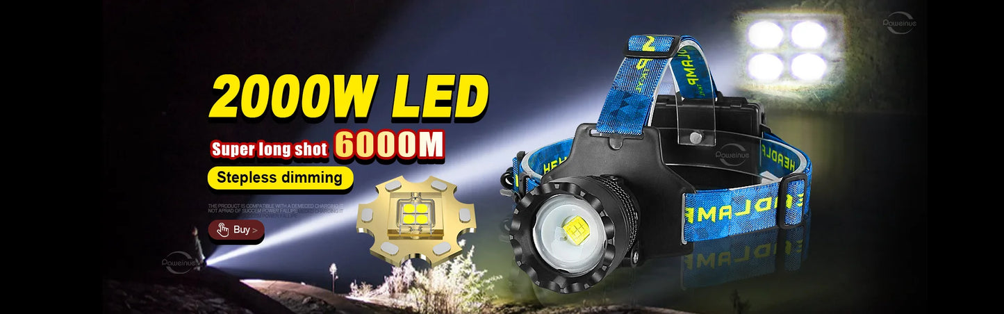 2000W Most Powerful LED Headlamp Super Bright Waterproof Head Flashlight Long Range 6000M Tactical Head Torch Fishing Headlight
