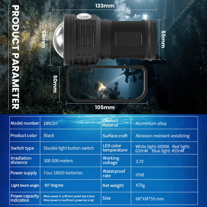 Asafee DRC01 COB LED 6000LM 80M Underwater Diving Flashlight White Red Blue 80° Light 500M Range Torch IPX8 Waterproof Lantern