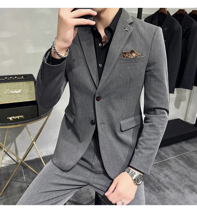 High quality Korean slim fit (suit + trousers) Fashion business handsome casual solid color wedding suit two-piece set