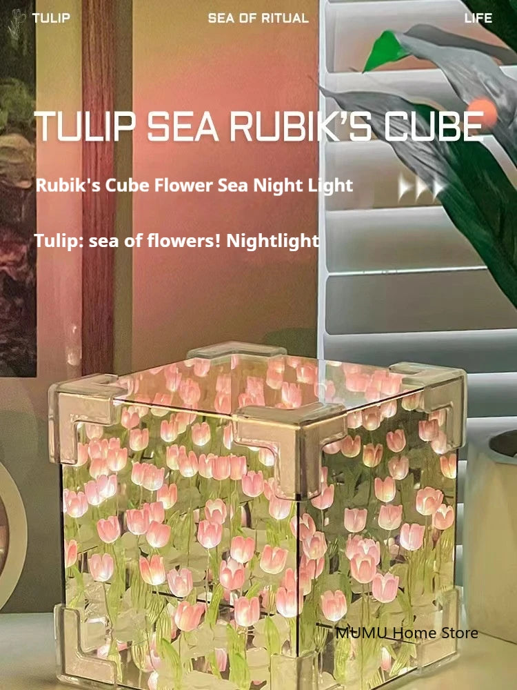 DIY 3D Cloud Tulip LED Night Light Flower Sea Mirror Table Lamps Cube Mirror Atmosphere Night Light Bedroom Decor Table Lamp