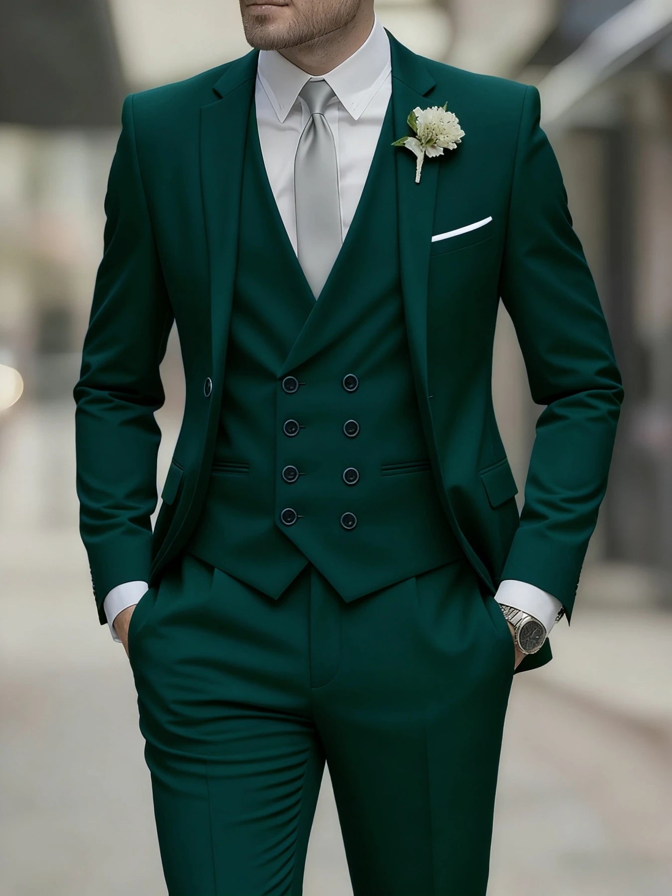 Men's Business Formal Suit 3-Piece Single Breasted Notch Lapel Solid Double Breasted Vest Elegant Office Party Wedding