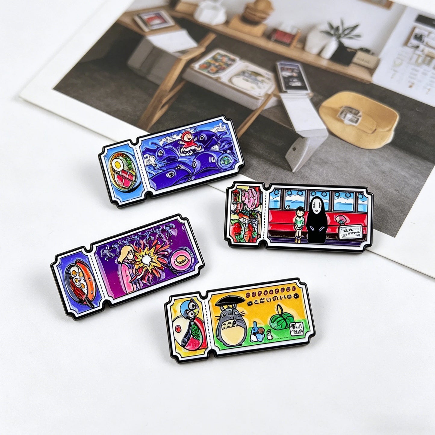 4pcs/Set Classic Anime Movie Ticket Enamel Pin Cute Cat Brooches For Lapel Pins Badge on Backpack Accessories Jewelry Fans Gift