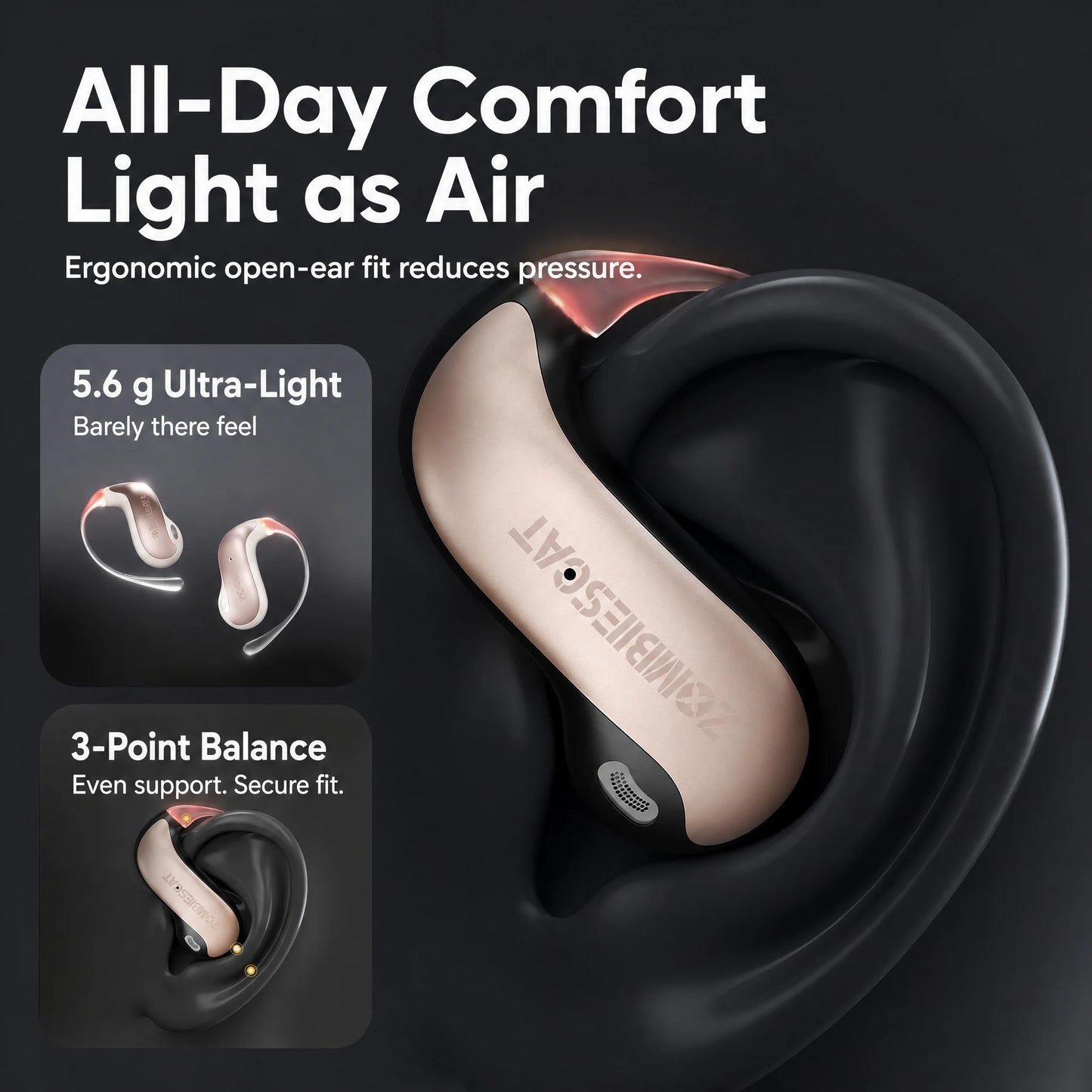 ZOMBIECAT B22 Open Ear Wireless Earbuds Bluetooth 6.0 14mm Driver Sport Headphones LED Light AI Translation for Running Cycling