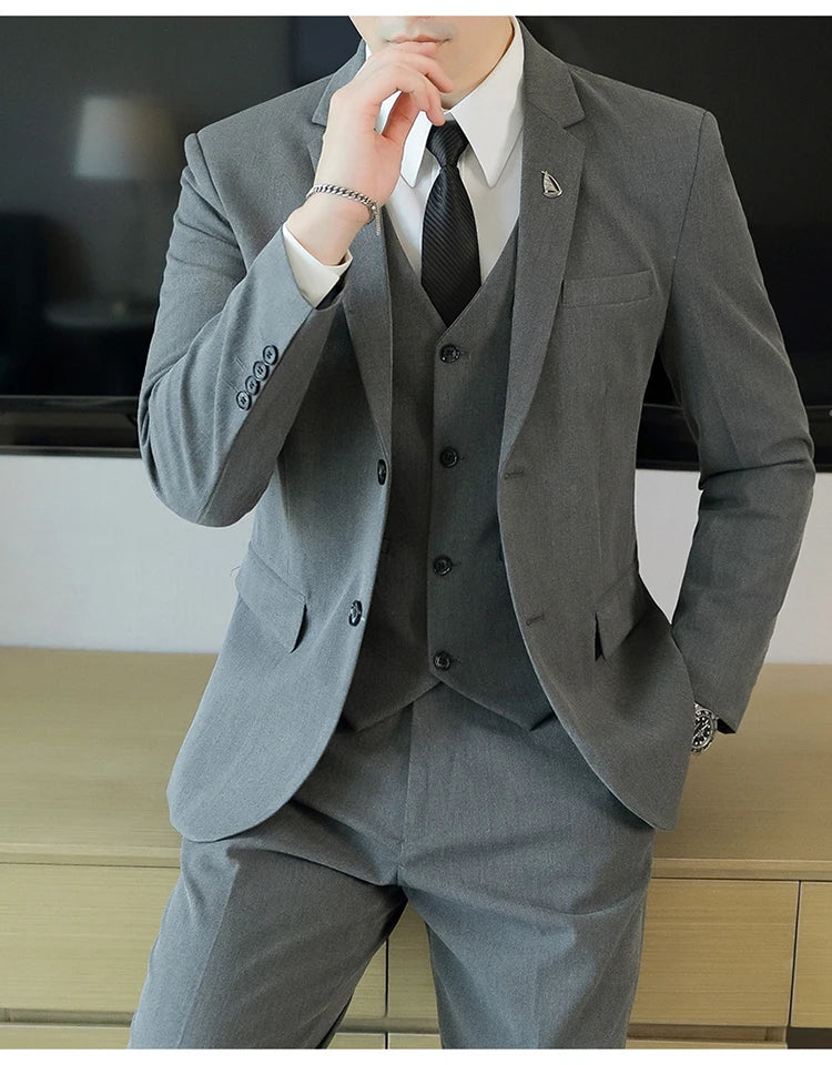 High-End Men's Wedding Suit 3-Piece Set Handsome Banquet Smart Casual Fashionable Three-Quarter Length Vest Trousers Four Season