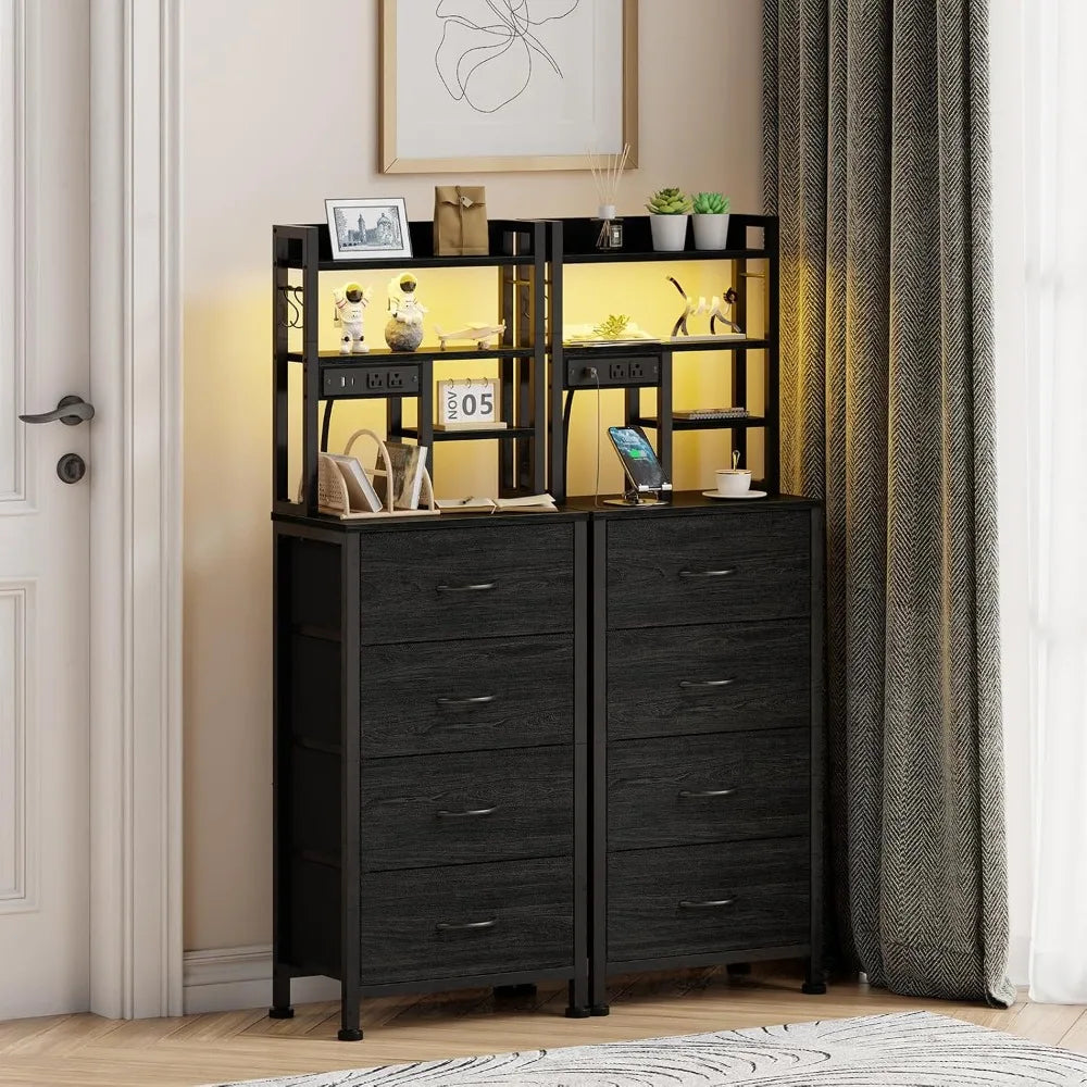 Set of 2 Tall Nightstands With Charging Station & USB Ports, 4 Fabric Drawers & LED Lights, Custom