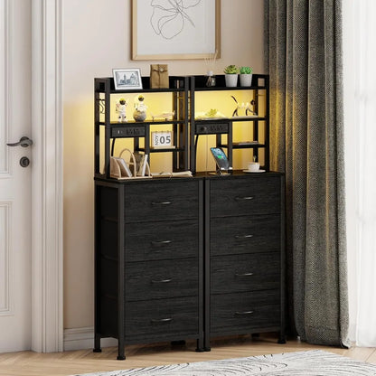 Set of 2 Tall Nightstands With Charging Station & USB Ports, 4 Fabric Drawers & LED Lights, Custom