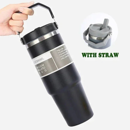 30oz Large Capacity Portable Car Cup Stainless Steel Thermos Cup with Straw & Handle Travel Sports Water Bottle Vacuum Flask