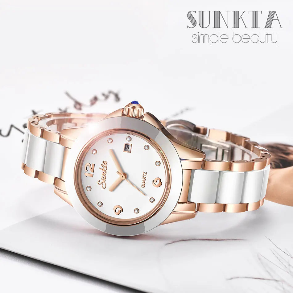 LIGE Brand SUNKTA Fashion Casual Woman Watch Ceramic Simple Bracelet Quartz Ladies Watches Date Waterproof Women's Wristwatches