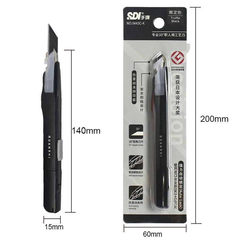 SDI 9mm Anti-Shaking Utility Knife 30-Degree Angle Sharp Black Steel Blades Box Cutter Auto Lock Professional Craft DIY Opener