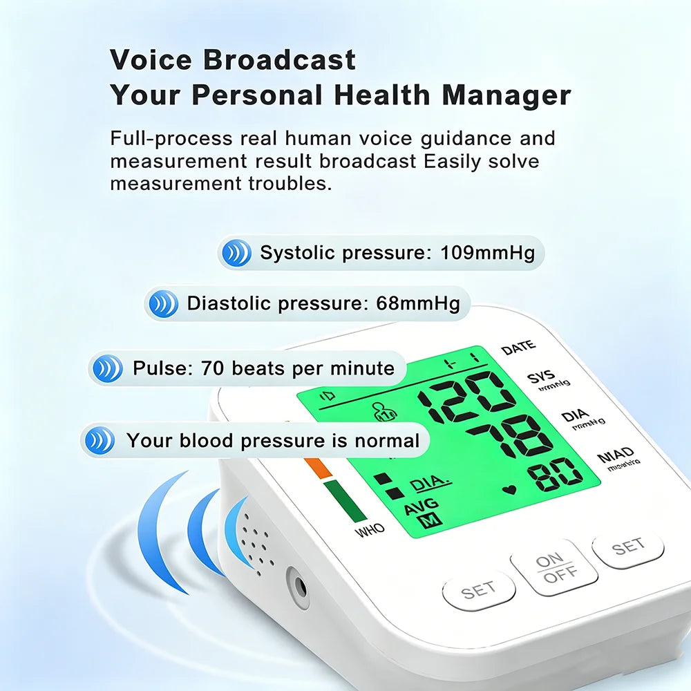 3 Color Backlight Blood Pressure Monitor Upper Arm Pressure Device Automatic BP 36cm Cuff Machine for Medical Home Health Care
