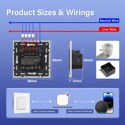 Bseed Zigbee Button Switchs Need Neutral Wire Tuya Smart Life Alexa App Control Glass Frame 86*86mm White Light Switch