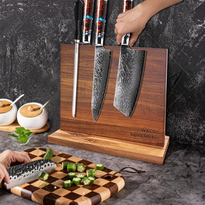 Long Magnetic Knife Block Acacia Wooden Kitchen Knife Holder Kitchen Counter Strong Enhanced Magnets Stands Storage Knife Holder