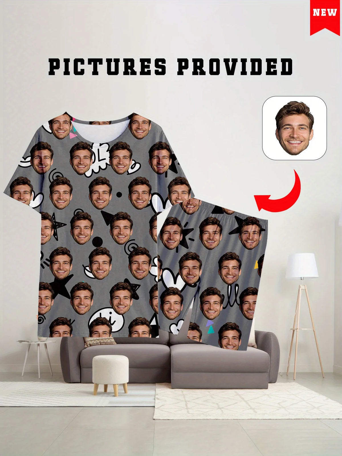 Men's Women's Facial Printed T-Shirt Shorts Set Personal Photo Customize Pajamas Comfortable Loose Home Set Valentine's Day Gift