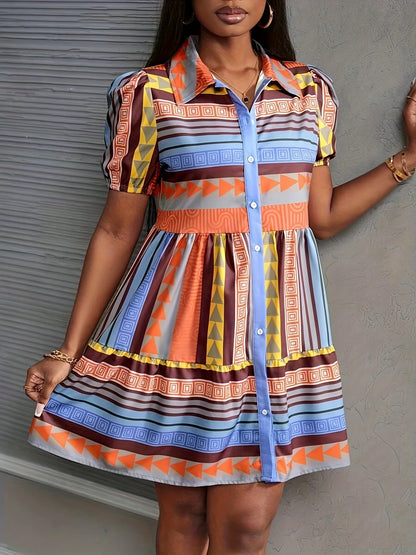 Summer Princess-Sleeve Geometric Print Shirt Dress, Suitable for Casual Vacations, Office Commutes, and Daily Home Wear