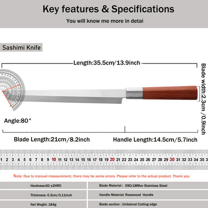 1PC,Japanese Sushi Knife Salmon Sashimi Professional Knife Stainless Steel Slicing Knife Cooking Fishing Cleaver Meat knife