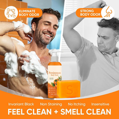 Persimmon Soap Bar and Persimmon Body Wash for Body Odor Control Natural Fruity Aroma Shower Cleanse Gel Bath Soap for Women&Men