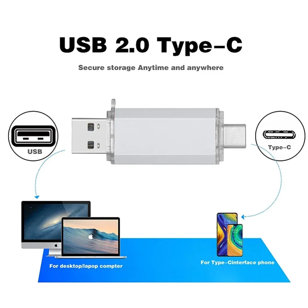 Type C USB 2.0 Flash Drives128GB 2 in1 PenDrive 64GB Multifuncional Memory Stick16GB U Disk16GB Waterproof Flash for Smart Phone