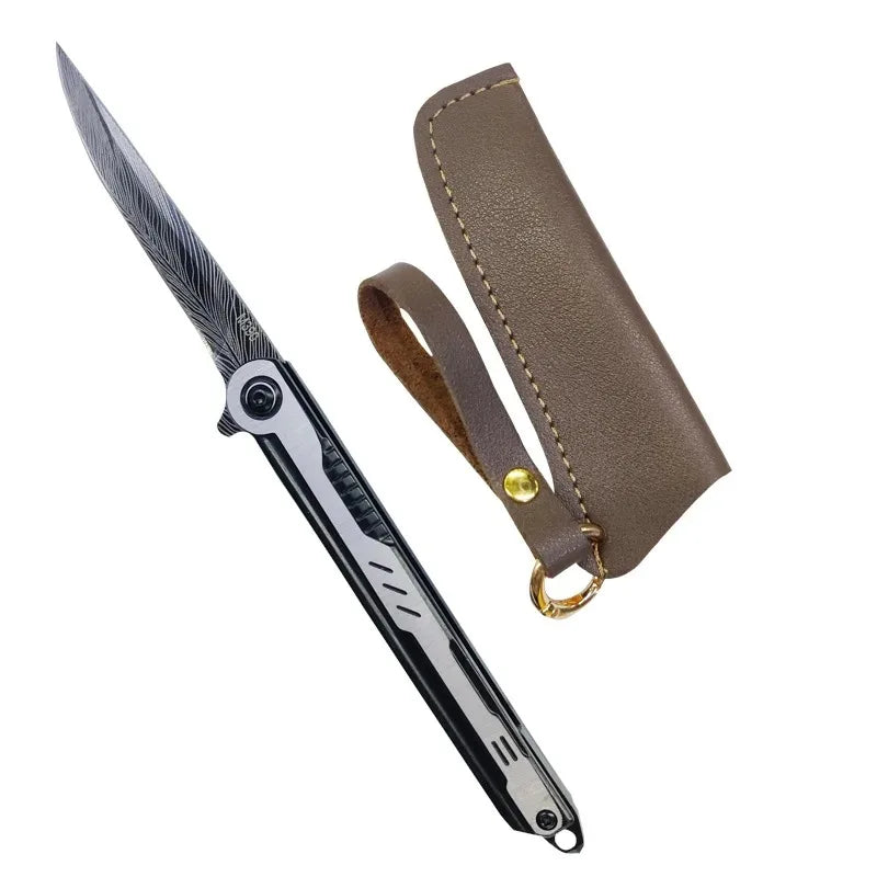 M390 Steel Feather Pattern Folding Knife Outdoor Camping Pocket Knife Portable Fruit Knife High Hardness Folding Knife
