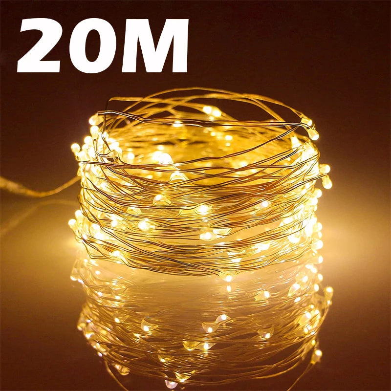 USB LED Lampki Choinkowe Drucik Miedziany Sznur 20M 200LED Świąteczne Zewnętrzne Girlandy na Choinkę Dekoracja na Wesele Przyjęcie