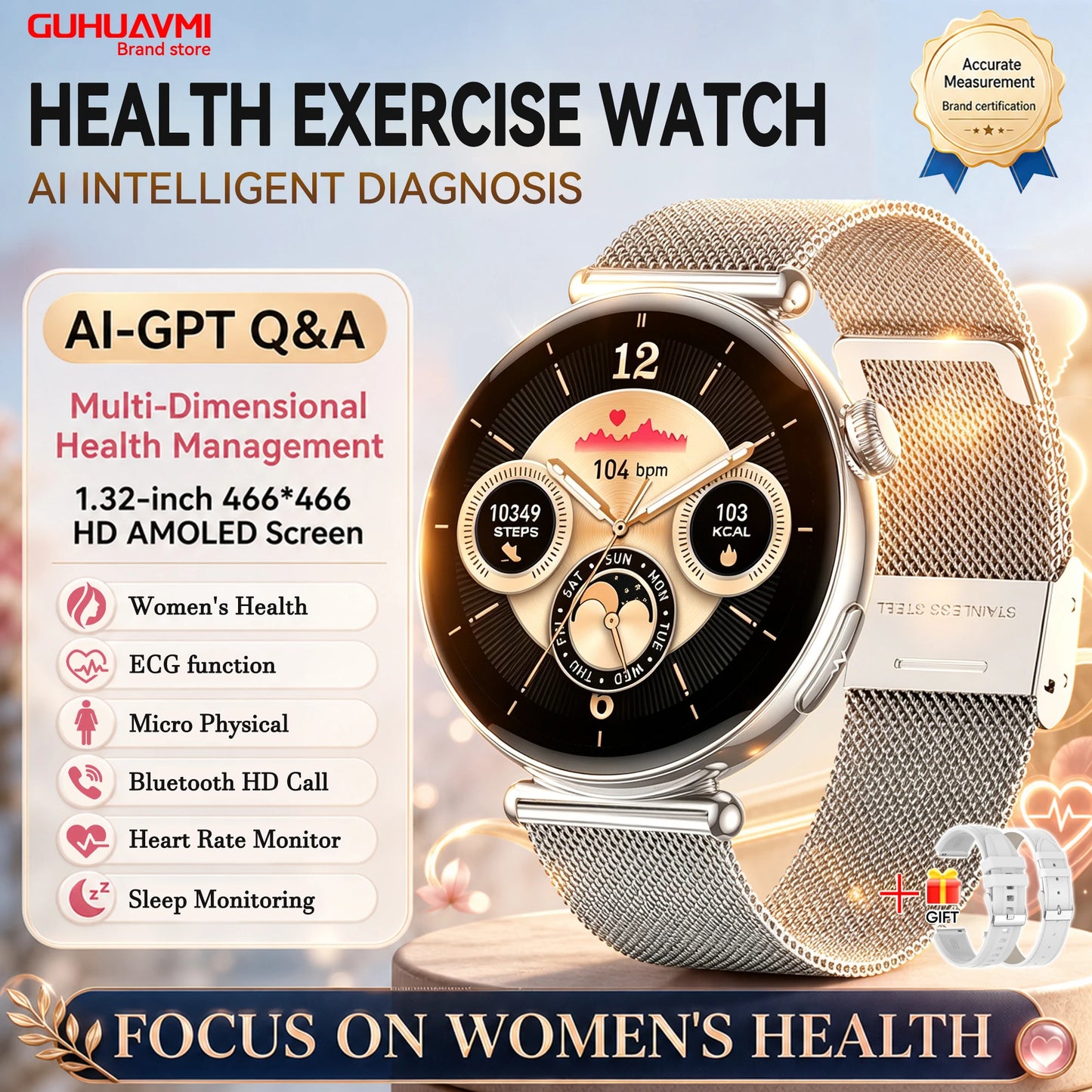 2026 New Women's Health Care Smartwatch ECG Blood Pressure Uric Acid Blood Lipids Sports IP68K Bluetooth call Fashion Smartwatch
