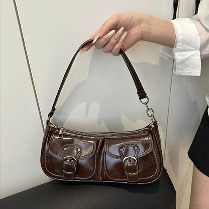 Fashion Pu Leather Women's Shoulder Bag Small Double Pocket Design Ladies Underarm Bags Y2k Vintage Female Handbags Clutch Purse