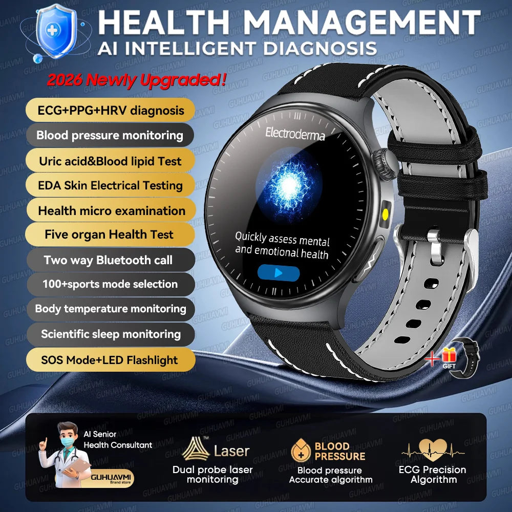 2026 New AI-Diagnosis Care Smartwatch ECG+PPG Accurate Uric Acid Blood Pressure Body Fat Five Organ Fitness Waterproof Smartwatc