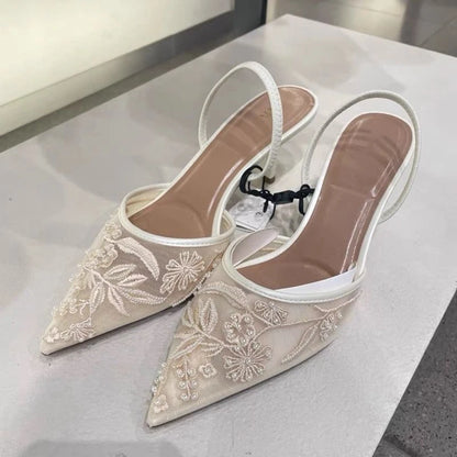 Brand Designer Mesh Embroidered White Women's High Heels Flower Straps Sexy Bareback High Heels Dress Women's Wedding Shoes