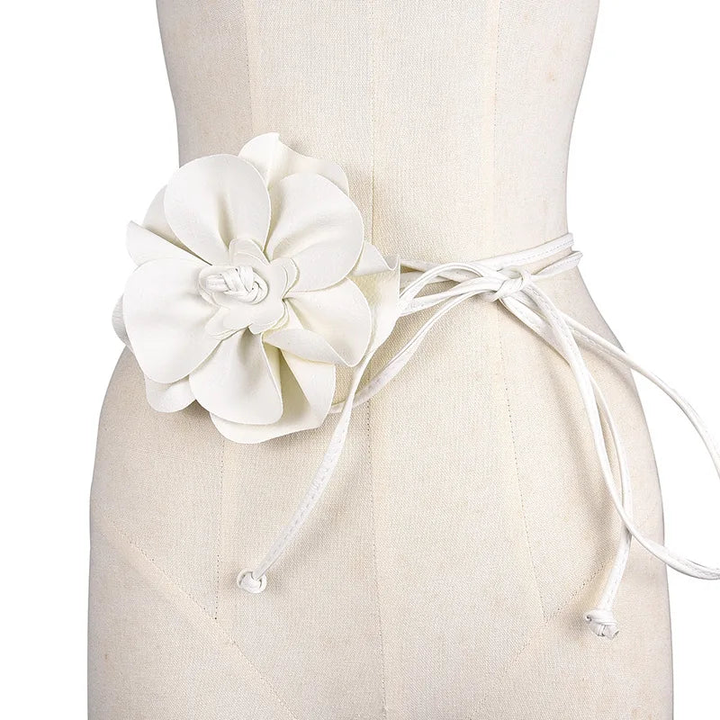 Bohemian PU Leather Waist Belt - Large Flower Tie Wrap Sash with Bow for Dress Decoration