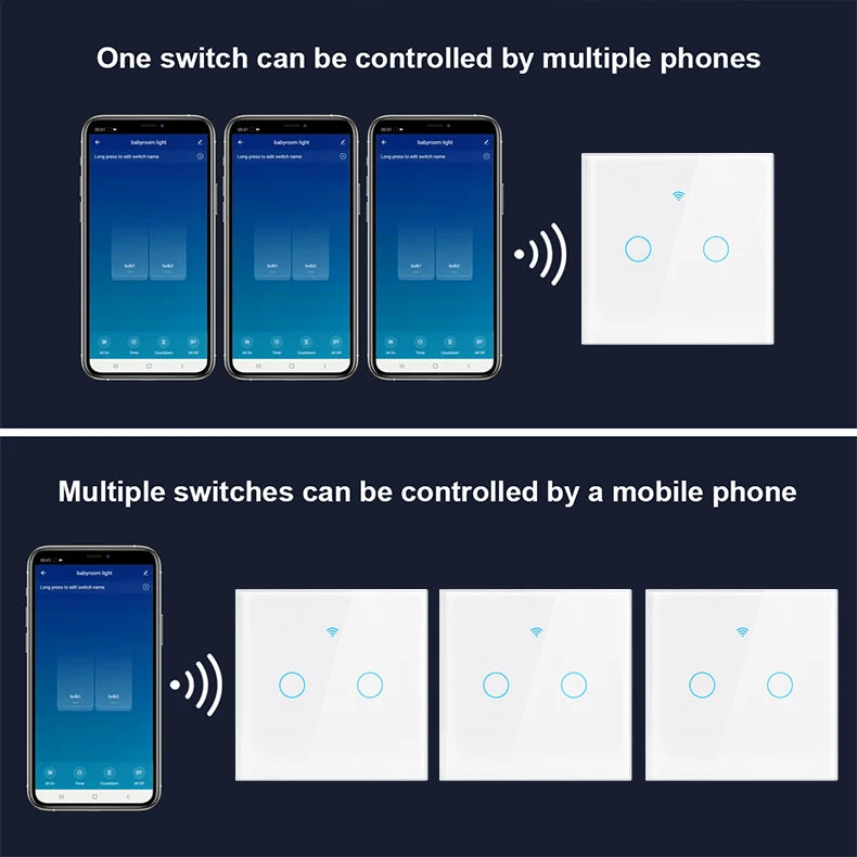 Tuya WiFi Smart Switch Works With Alexa No Neutral Wire Wireless RF433Mhz Remote Wall Touch Sensor Lightes Switch 1/2/3Gang