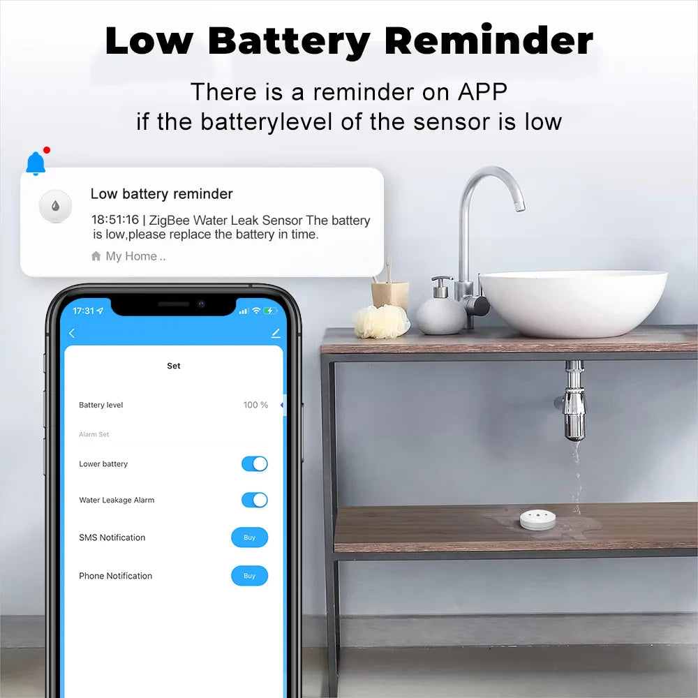Zigbee Water Leak Sensor Smart Flood Detector App Remote Monitor Smart Life Home Assistant Kitchen Bathroom Security Alarm