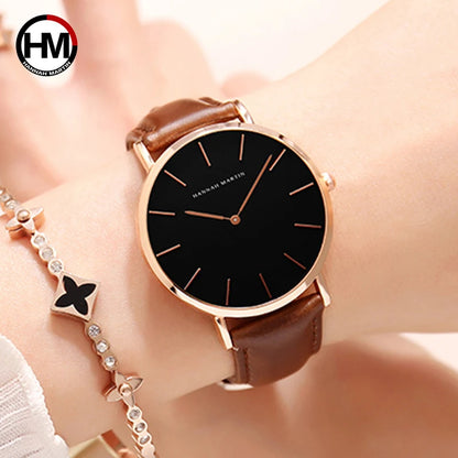 Hannah Martin Hot New Ms Fashion Simple Quartz Movement Watch High Quality Leather Strap Waterproof Lady Watch Relogio Feminino